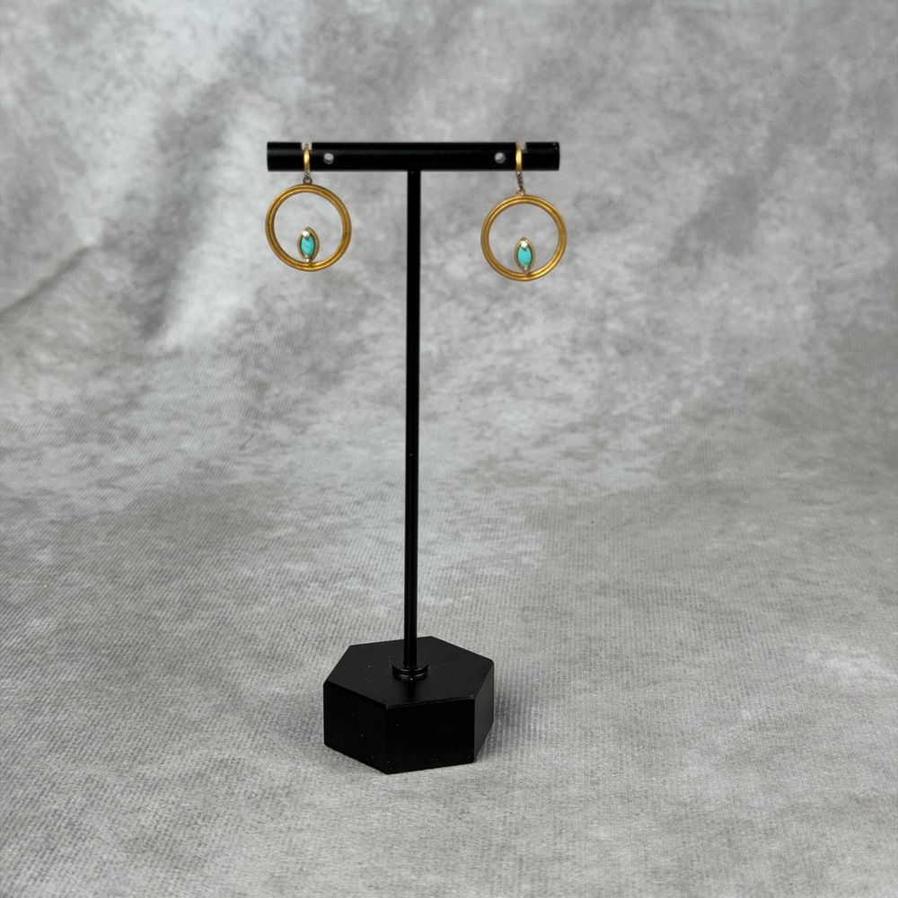 Freida Rothman Sterling Silver Turquoise Marquise Circle Drop Earrings Gold Tone